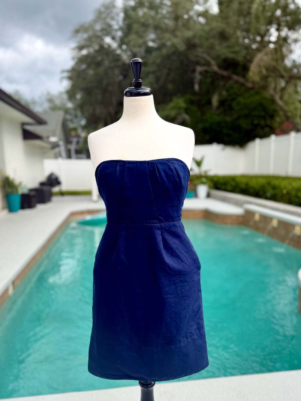 J.Crew Gabby Strapless Pleated Cotton Dress in Navy Blue